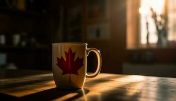 café tasse sur en bois table par fenêtre généré par ai photo