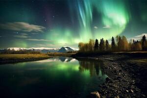 aurore paysage avec nord lumières, génératif ai photo