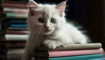 une charmant bleu regardé chaton séance sur une livre empiler génératif ai photo