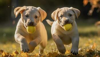 deux espiègle chiots prendre plaisir le l'automne Soleil dans le Prairie génératif ai photo