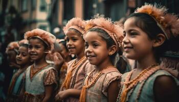 de bonne humeur africain les enfants dans traditionnel Vêtements prendre plaisir Extérieur amusement ensemble génératif ai photo