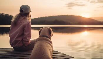 de race retriever et femelle embrasse insouciant les vacances, profiter la nature beauté génératif ai photo