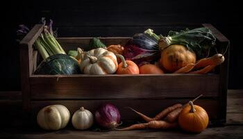 en bois panier avec des légumes scène génératif ai photo