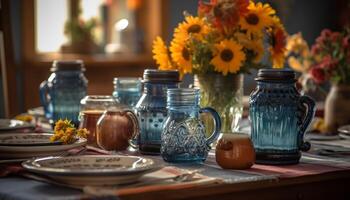 rustique poterie cruche détient Frais tournesol bouquet dans antique cuisine génératif ai photo