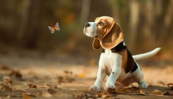 une espiègle beagle chiot séance dans le herbe, profiter été génératif ai photo