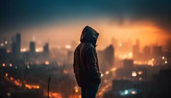 un athlète le jogging dans solitude, illuminé par rue lumière génératif ai photo