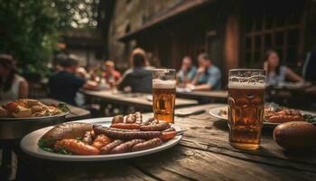 grillé Viande et Bière à traditionnel allemand Festival avec copains génératif ai photo
