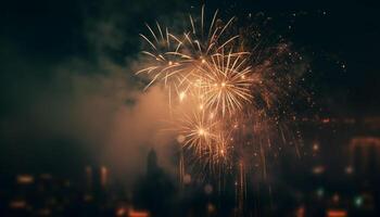 Quatrième de juillet fête s'enflamme ville horizon avec vibrant feux d'artifice génératif ai photo