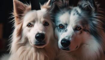 Trois duveteux canines pose pour une famille portrait à l'intérieur génératif ai photo