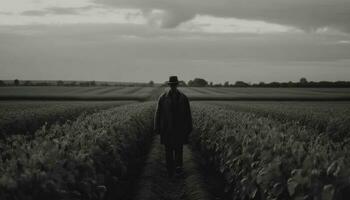 le vieux façonné agriculteur des promenades par le l'automne Prairie dans solitude généré par ai photo