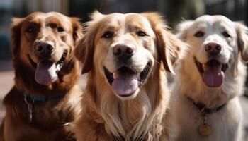 Trois espiègle animaux domestiques, une Labrador, chien, et d'or retriever, souriant généré par ai photo