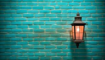 antique lanterne illumine vieux brique mur dans brillant Jaune lueur généré par ai photo