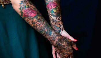 Créatif élégance un femme henné tatouage des stands en dehors sur noir généré par ai photo