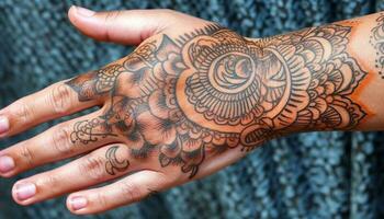 femmes, complexe henné tatouage conception sur Humain peau généré par ai photo