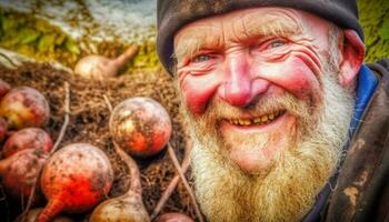 souriant Sénior agriculteur récolte biologique des légumes dans rural l'automne scène généré par ai photo
