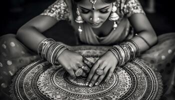 souriant Jeune femme en portant henné tatouage décoration, Indien culture élégance généré par ai photo