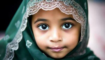 souriant enfant dans traditionnel Vêtements enveloppé dans religieux voile en plein air généré par ai photo