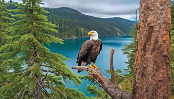 chauve Aigle se percher sur bifurquer, concentrer sur premier plan beauté généré par ai photo