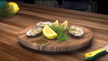 Frais Fruit de mer et légume salade sur en bois Coupe planche à l'intérieur généré par ai photo