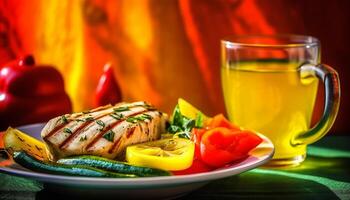 grillé Viande et des légumes sur une plaque, une gourmet repas généré par ai photo