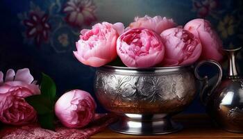 rustique élégance une bouquet de rose pivoines sur une en bois table généré par ai photo