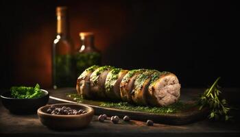 grillé Viande et légume assiette avec Frais herbe assaisonnement généré par ai photo