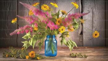 Frais bouquet de fleurs sauvages dans rustique vase sur en bois table généré par ai photo