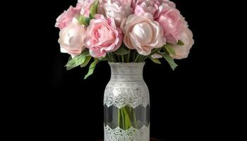 romantique bouquet de rose tulipes dans fleuri verre vase généré par ai photo