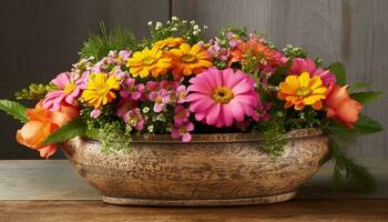 vibrant bouquet de multi coloré gerbera marguerites dans rustique fleur pot généré par ai photo