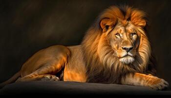 majestueux Lion repos dans le savane, à la recherche à caméra généré par ai photo