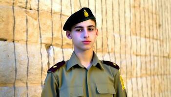 sur de soi Sécurité officier dans uniforme casquette saluer avec honneur garde généré par ai photo