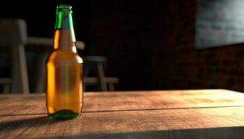 Frais Bière dans une en bois bouteille sur une bar compteur généré par ai photo