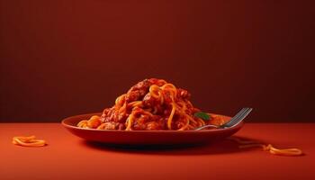 fraîchement cuit Pâtes avec bolognaise sauce sur rouge assiette généré par ai photo