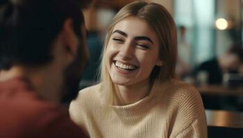 Jeune couple séance à l'intérieur, souriant et profiter chaque autre entreprise généré par ai photo