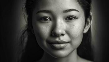 un magnifique Jeune femme souriant avec confiance dans noir et blanc généré par ai photo