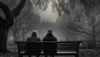 silhouette de deux Hommes séance sur banc dans l'automne solitude généré par ai photo
