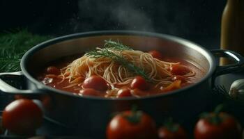 en bonne santé végétarien repas Frais tomate soupe avec fait maison Pâtes généré par ai photo