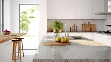 intérieur de moderne cuisine avec blanc marbre plan de travail et en bois. génératif ai photo