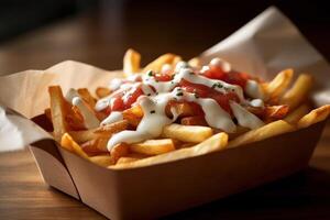 Stock photo de frit frites avec tomate sauce et Mayonnaise nourriture la photographie génératif ai