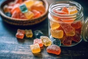 Stock photo de bonbons gommeux sur le cuisine plat allonger la photographie génératif ai