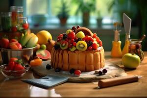 Stock photo de faire fantastique fruite gâteau dans le cuisine nourriture la photographie génératif ai