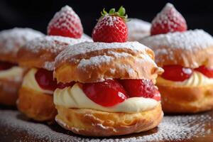 Stock photo de choux Pâtisserie avec Garniture tranche fraise nourriture la photographie génératif ai