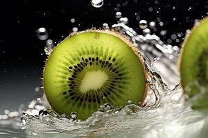 Stock photo de tranche kiwi laissez tomber à l'eau avec éclaboussure éditorial nourriture la photographie génératif ai