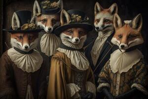 rouge renards animaux habillé dans victorien ère Vêtements illustration génératif ai photo