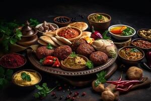 milieu est ou arabe vaisselle et assorti meze sur une foncé Contexte. Viande kebab, falafel, baba ghanoush, Hoummous, riz avec légumes, tahini, kibbé, Pita. halal aliments. espace pour texte. ai généré photo