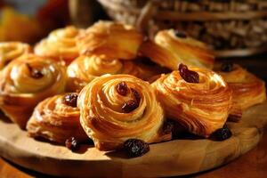 Stock photo de viennoiserie avec raisins secs viennoiserie sont français cuit nourriture la photographie génératif ai