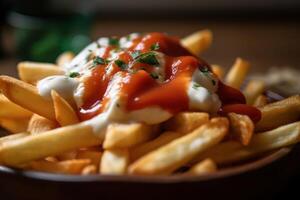 Stock photo de frit frites avec tomate sauce et Mayonnaise nourriture la photographie génératif ai