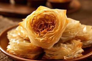 Stock photo de filo est un sans levain pâte utilisé à faire des pâtisseries nourriture la photographie génératif ai