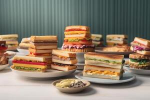 Stock photo de une lot de sandwich sur assiette miam désert nourriture la photographie génératif ai