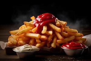 Stock photo de frit frites avec tomate sauce et Mayonnaise nourriture la photographie génératif ai